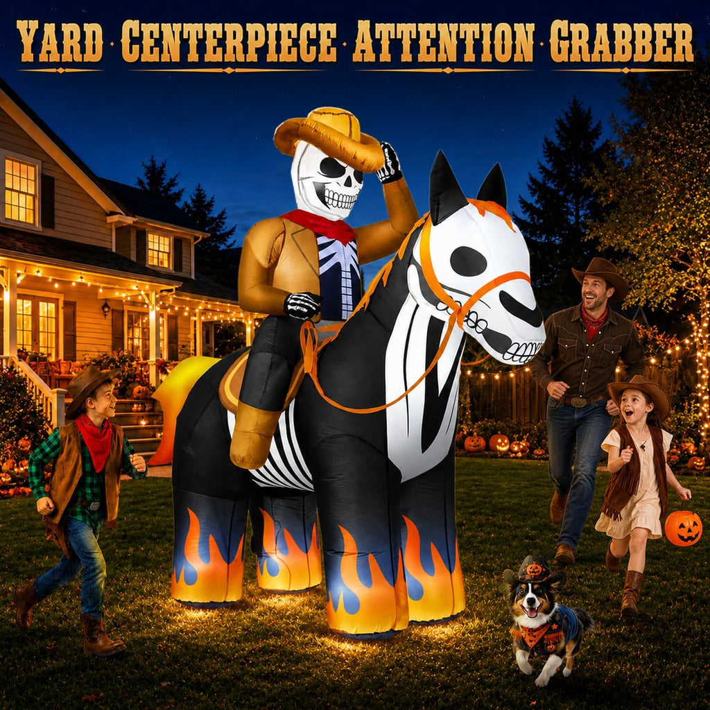 zukakii 7FT Halloween Inflatables Decorations Outdoor Skeleton Cowboy Riding Inflatable Horse Built-in Bright LEDs Flame-Hoofed Western Halloween Blow Up Yard Decoration Blowup for Lawn Party