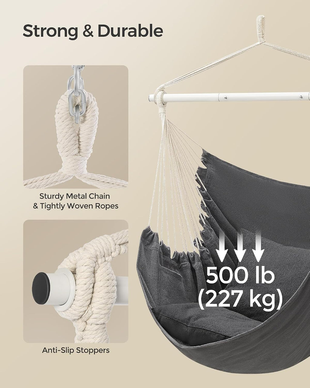 songmics hammock chair, load capacity 330.7 lb, with, side view