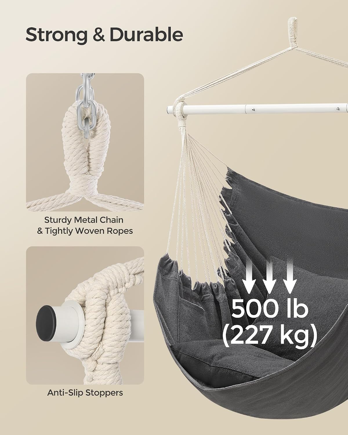 songmics hammock chair, load capacity 330.7 lb, with, side view