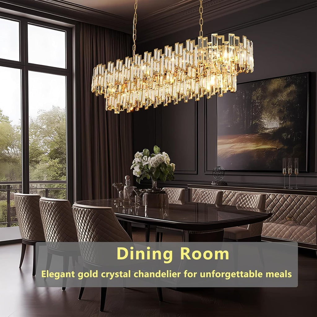 51 Inch Modern Large Crystal Chandelier Light Luxury Gold Rectangular Chandeliers for Dining Room Contemporary Oval Kitchen Island Bar Pendant Ceiling Lamp(Preinstalled K9 Crystals)