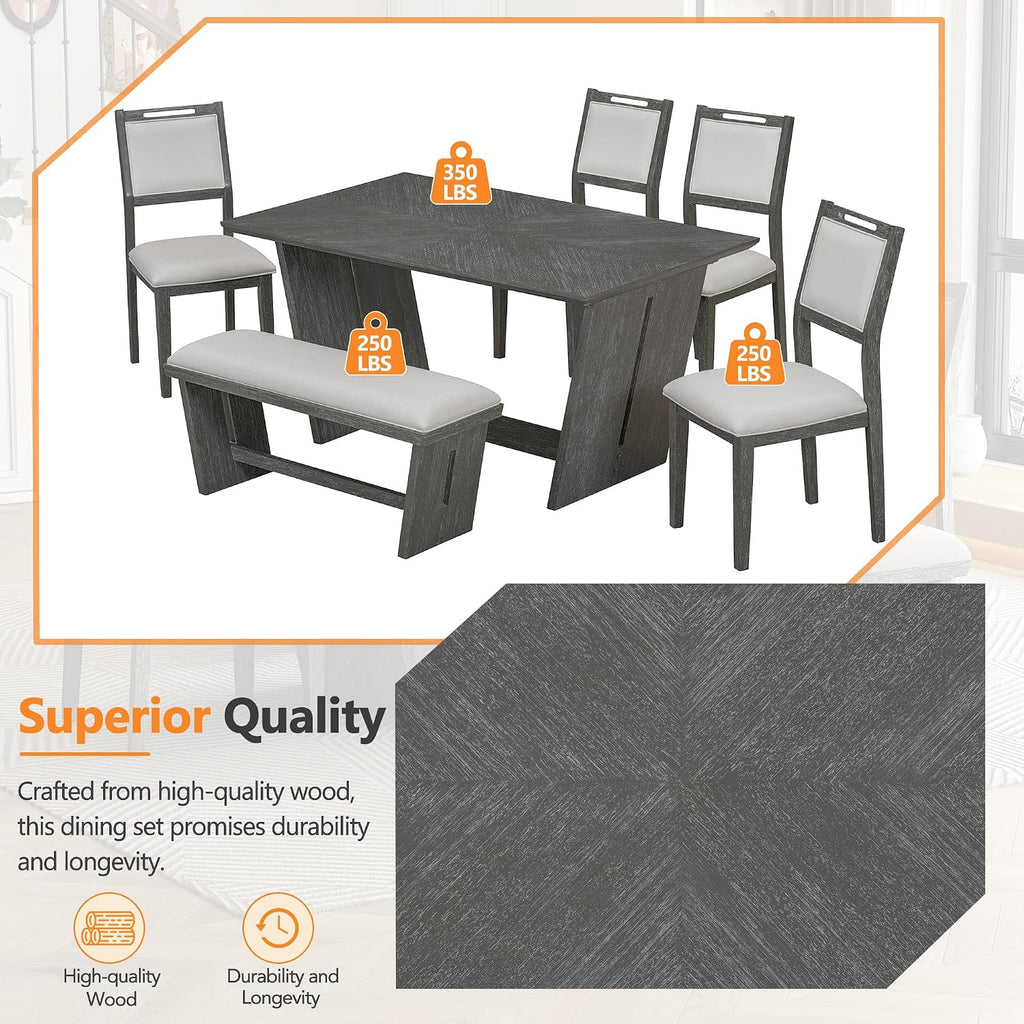 Merax 6-Piece Retro Dining Set, 1 Rectangular Table with Stable Trapezoidal Table Base and 4 Upholstered Chairs and 1 Bench for Dining Room and Kitchen, Antique Gray