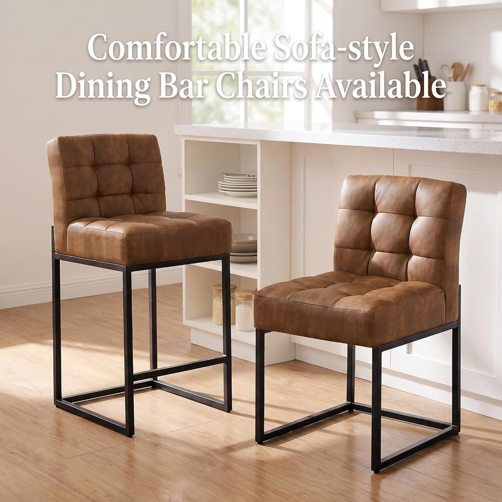 GrandNoor Modern Counter Height Bar Stools Set of 3,25'' Coffee Faux Leather Barstools with Back Sturdy Metal Legs, Checkered Wiring Thick Upholstered Counter Stools for Kitchen Island