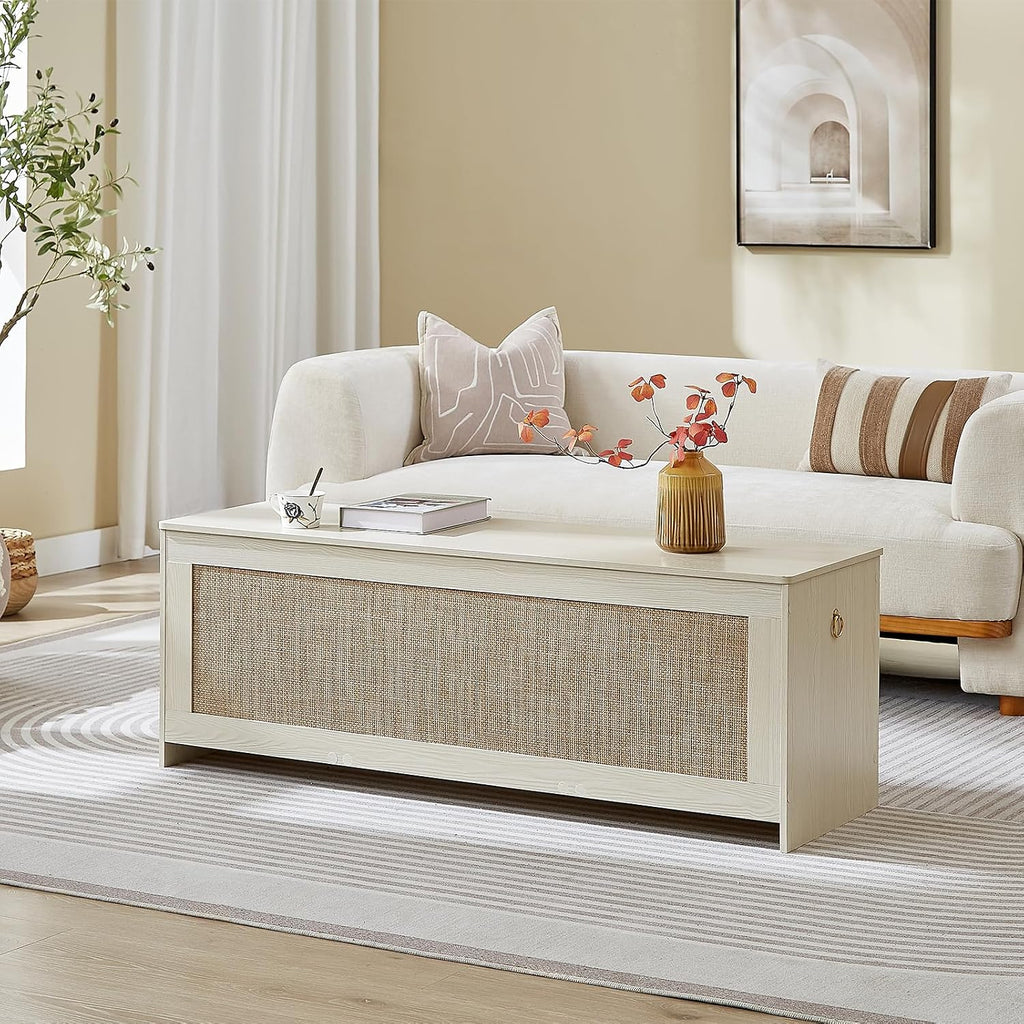 51.2" Storage Chest Large,Wooden Rattan Storage Bench.(White Cream)