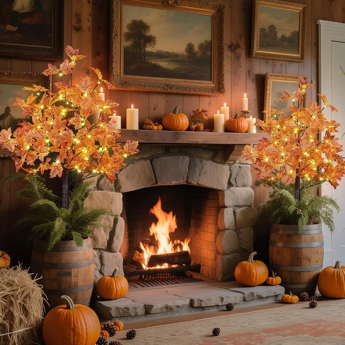 LIGHTSHARE 2PCS 4FT 144LED(72LED Each) Artificial Lighted Maple Tree Warm White Halloween Fall Decorations Indoor Outdoor, Orange