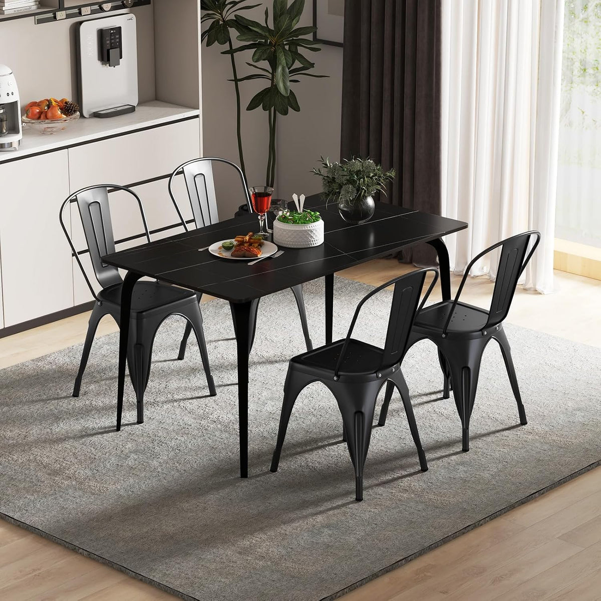 Giantex Metal Dining Chairs Set of 4, Farmhouse Kitchen Chairs with Removable Backrest, Space-Saving Stackable Bistro Cafe Side Chairs for Dining Room, Living Room, Restaurant (Black)