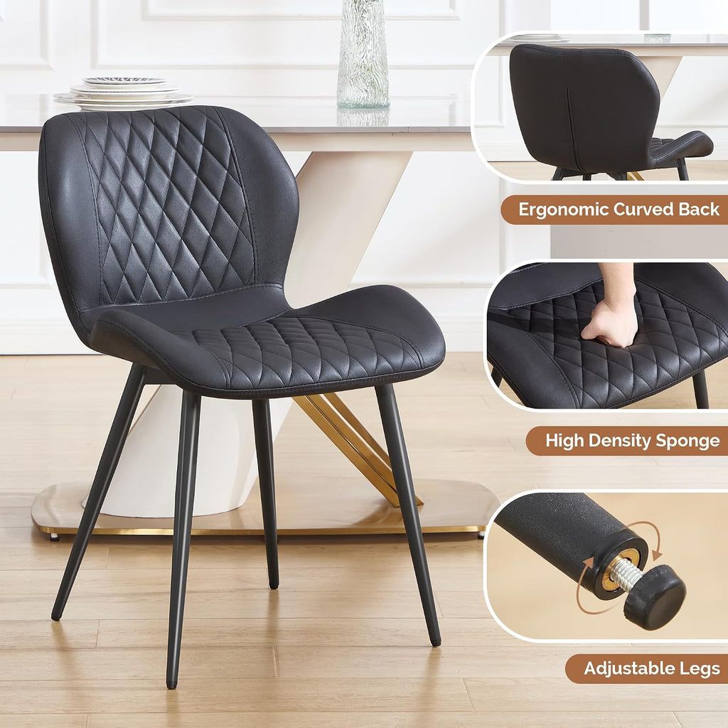 Dining Chairs Set of 2, Comfy Modern Dining Chairs with Thick Cushions, Upholstered Fabric Kitchen Side Chairs with Adjustable Metal Legs for Dining Room (Black)