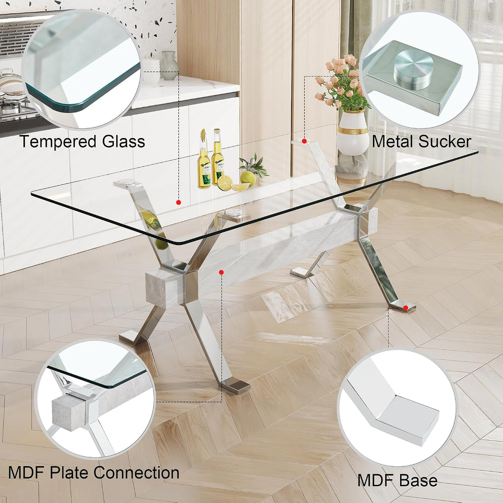 79'' Glass Dining Table, Modern Kitchen Table, Clear Dining Room Table with 0.5" Tempered Glass Tabletop with Plated Metal Legs and MDF Crossbar, Ideal for Dining Room, Kitchen.