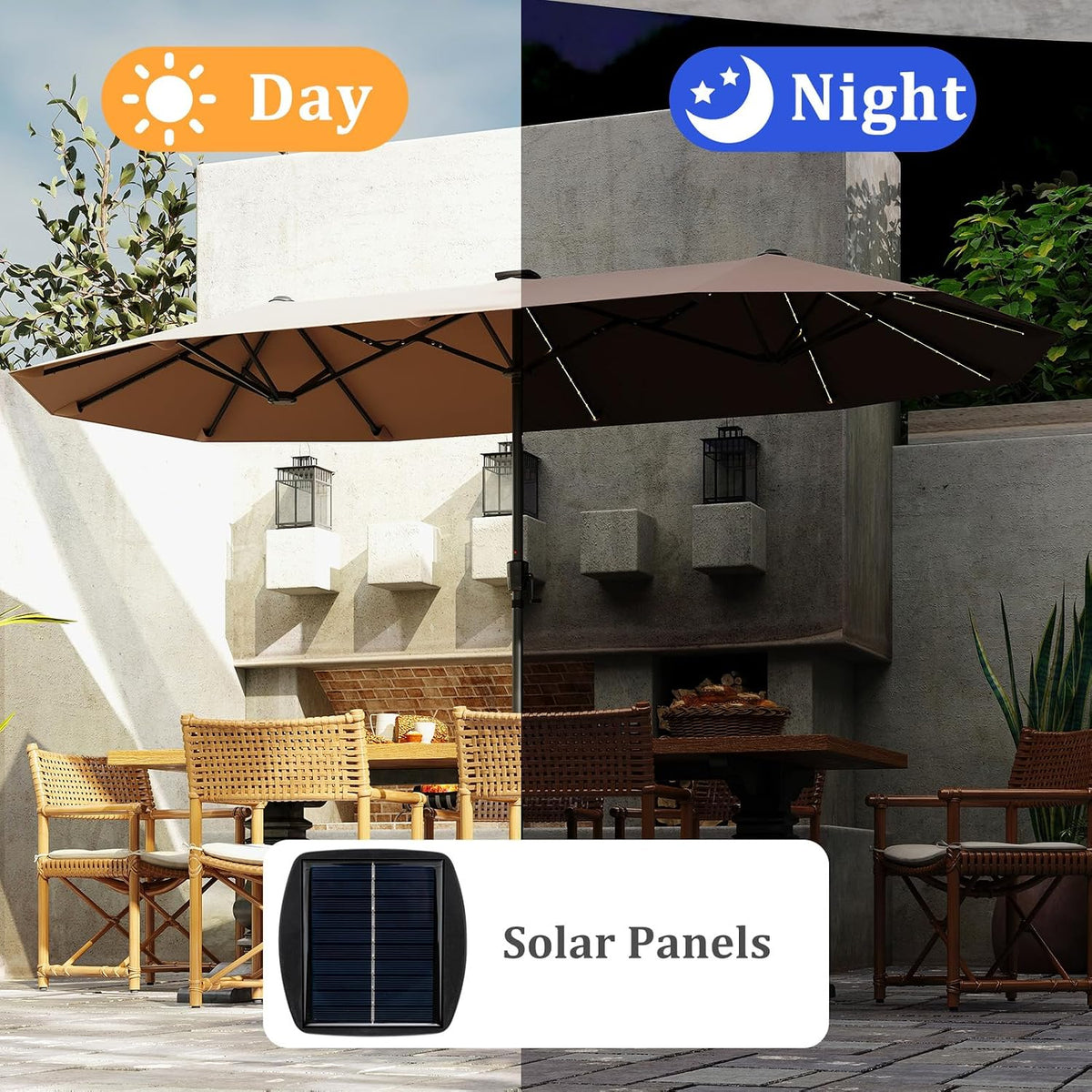 HAPPYGRILL 13 FT Extra Large Double-sided Patio Umbrella with Solar Lights