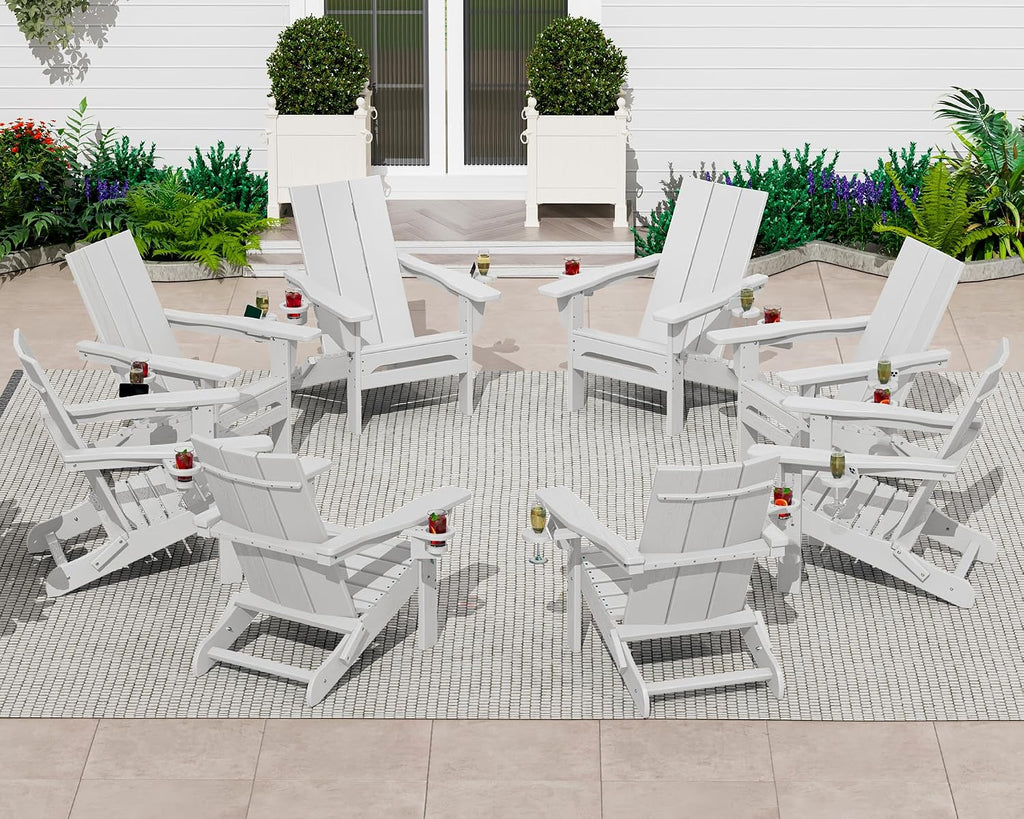SERWALL Modern Folding Adirondack Chairs Set of 6, HDPE, Cup Holders, White