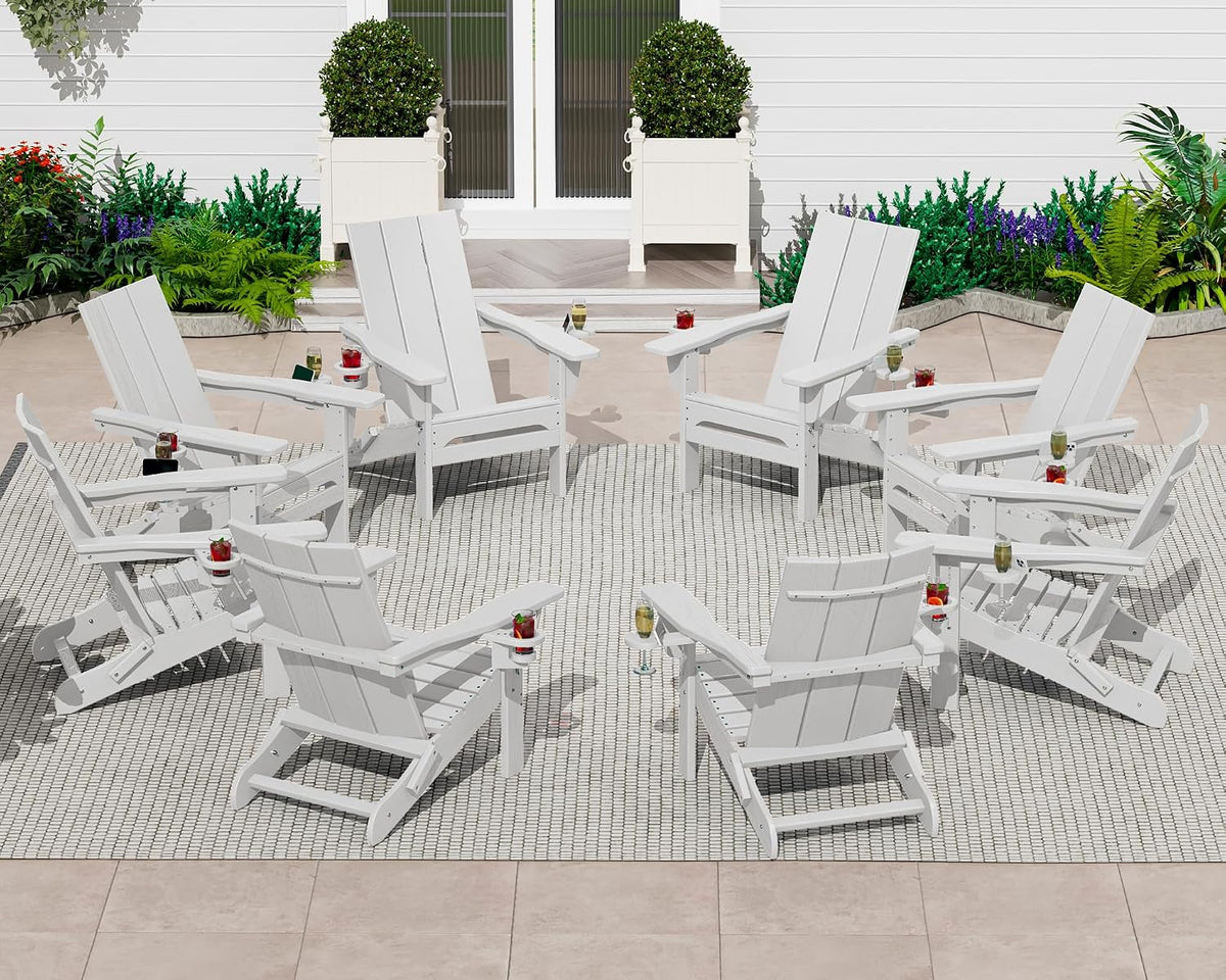 SERWALL Modern Folding Adirondack Chairs Set of 6, HDPE, Cup Holders, White