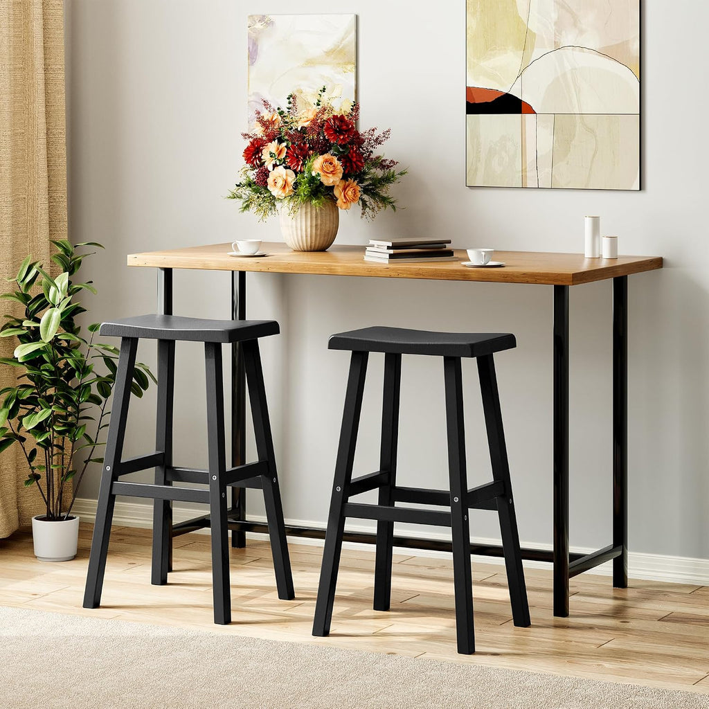NUNU LAB Polywood Saddle-Seat Counter Height Bar Stools for Kitchen Island with Footrest, HDPE Waterproof Barstools for Outdoor/Indoor, 29-Inch Height, Black, Set of 2