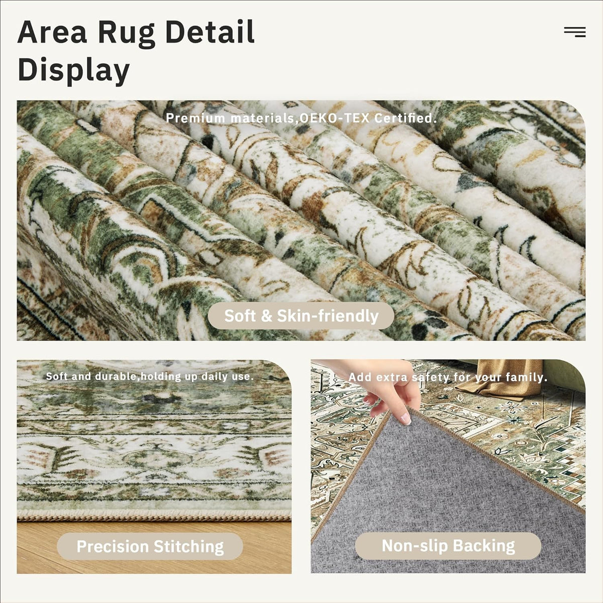 Soalmost 9x12 Area Rugs for Living Room Washable Rug Non-Slip Olive Beige