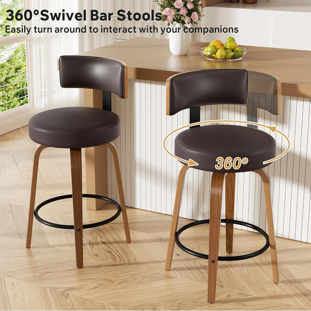 Swivel Bar Stools Set of 3, 26" Faux Leather Upholstered Counter Height Bar Stools with Back and Bentwood Legs, Mid Century Modern Bar Chairs Island Stools for Kitchen Counter, Dark Brown