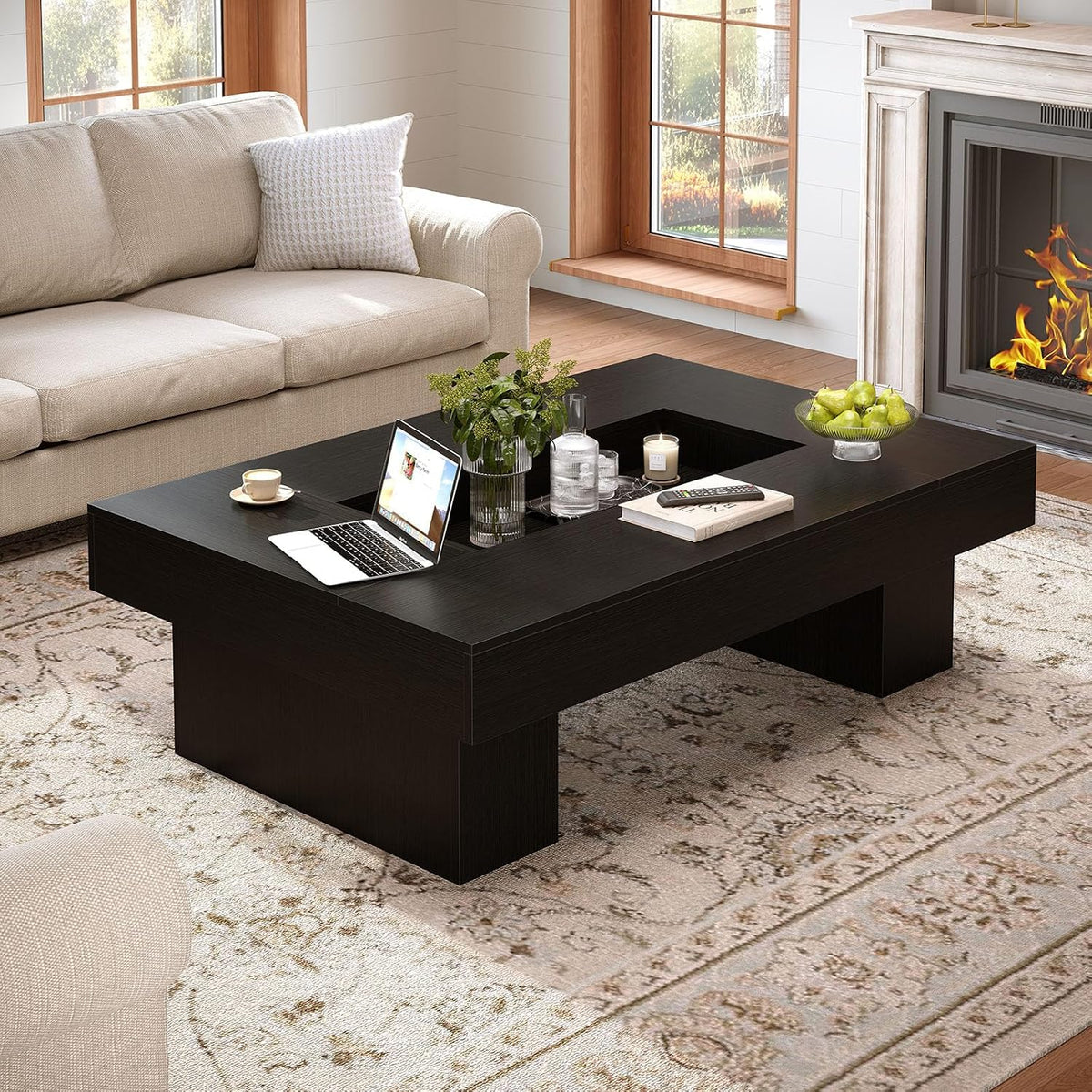 LVB 47"X31" Large Rectangle Black Oak Coffee Table with Storage Living Room