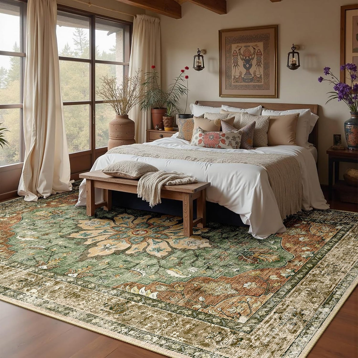RELEANY Washable Area Rug, 8'x10', Brick/Brown/Green
