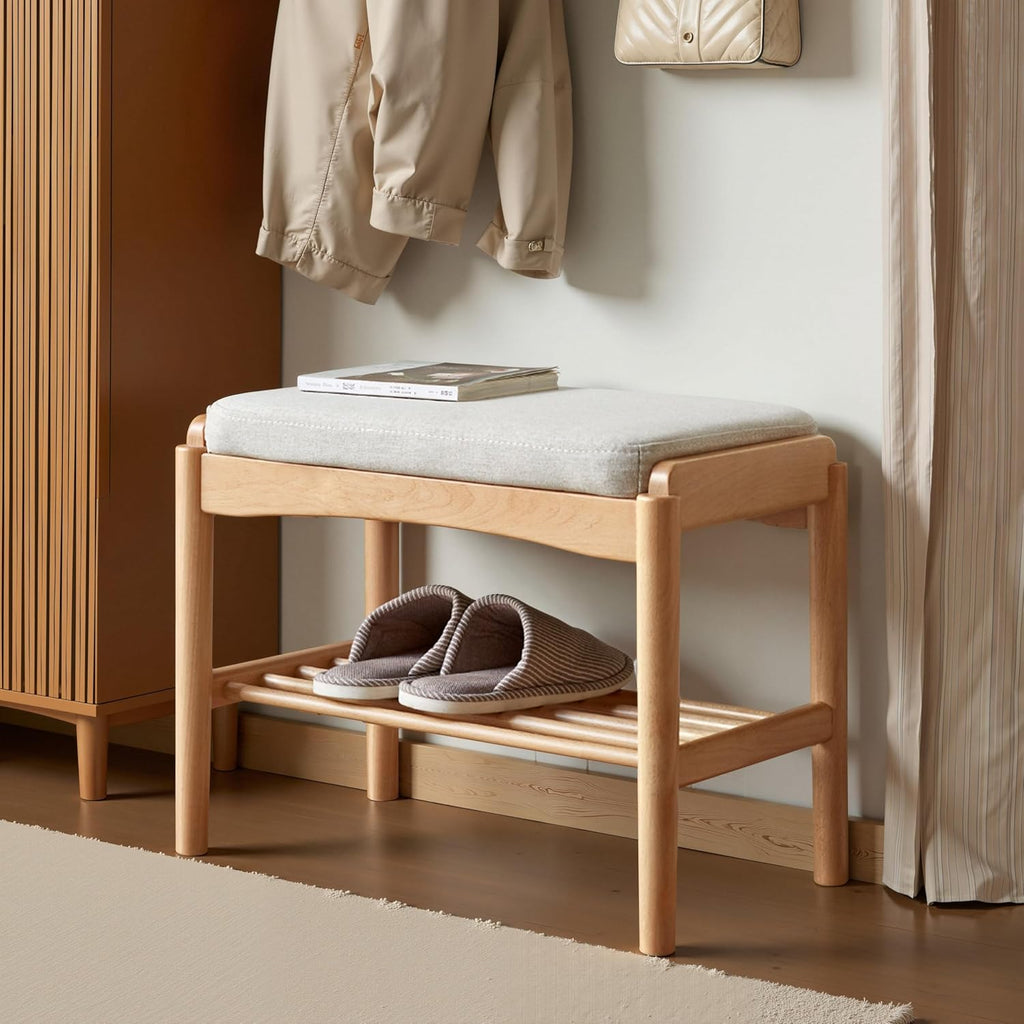 Solid Wood Shoe Bench, Small Entryway Bench with Light Gray Cushion