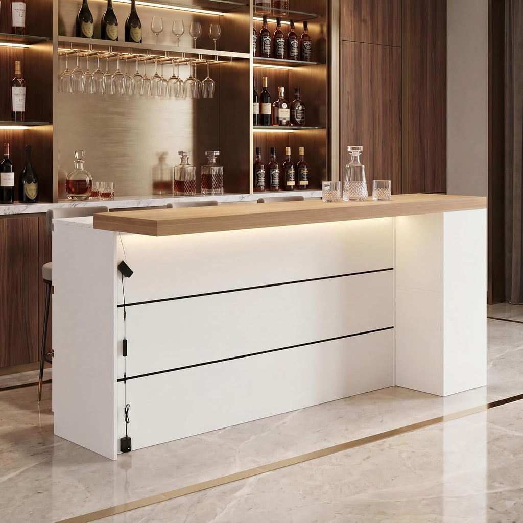 82.7" Large Bar Table Kitchen Station, Home Bar Unit with Lighting, 3 Drawers & 4 Shelves, Bar Cabinets Reception Desk for Home Pub Kitchen Storage, White