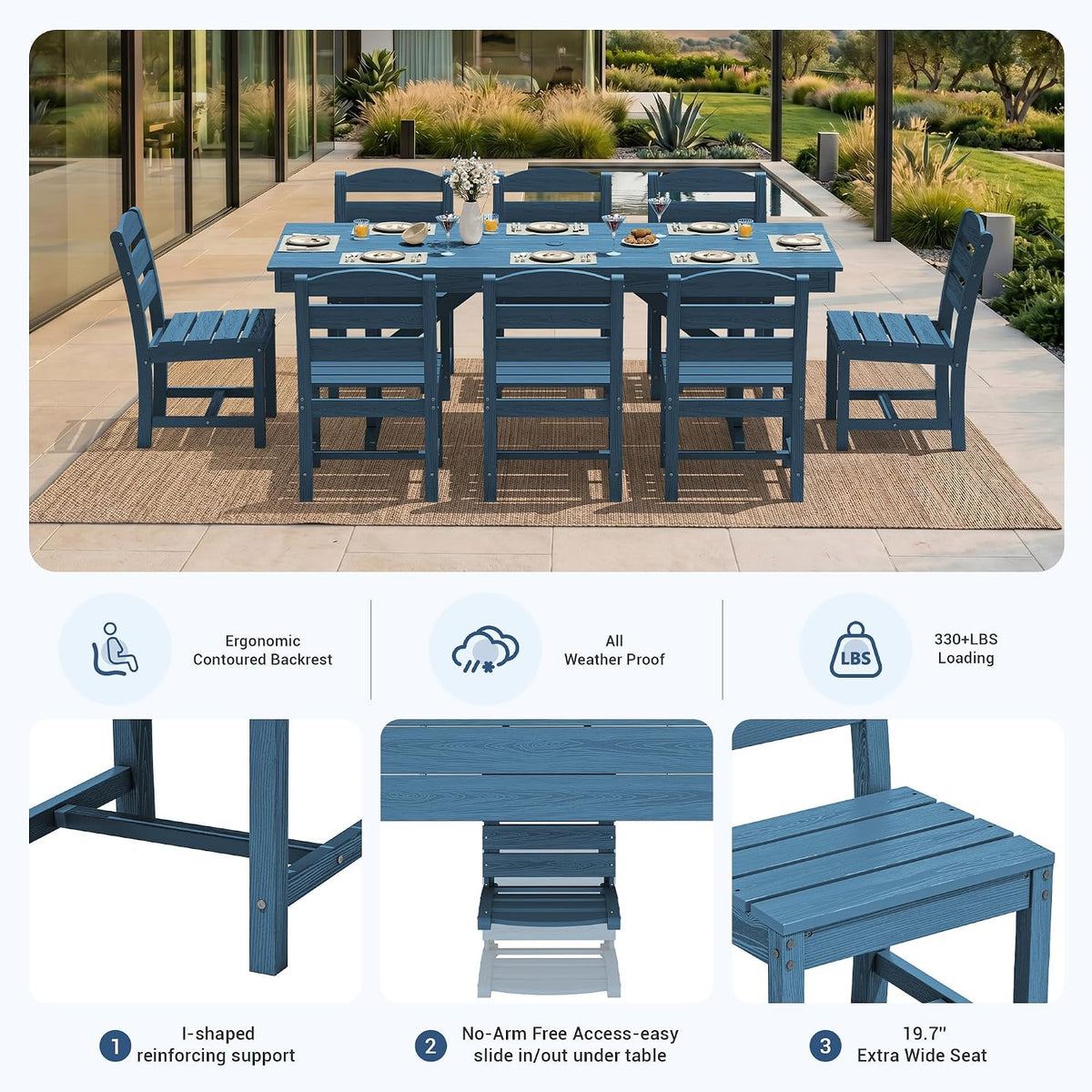 KINGYES Outdoor Dining Set,84'' Table w/Umbrella Hole & Armless Chairs,Blue
