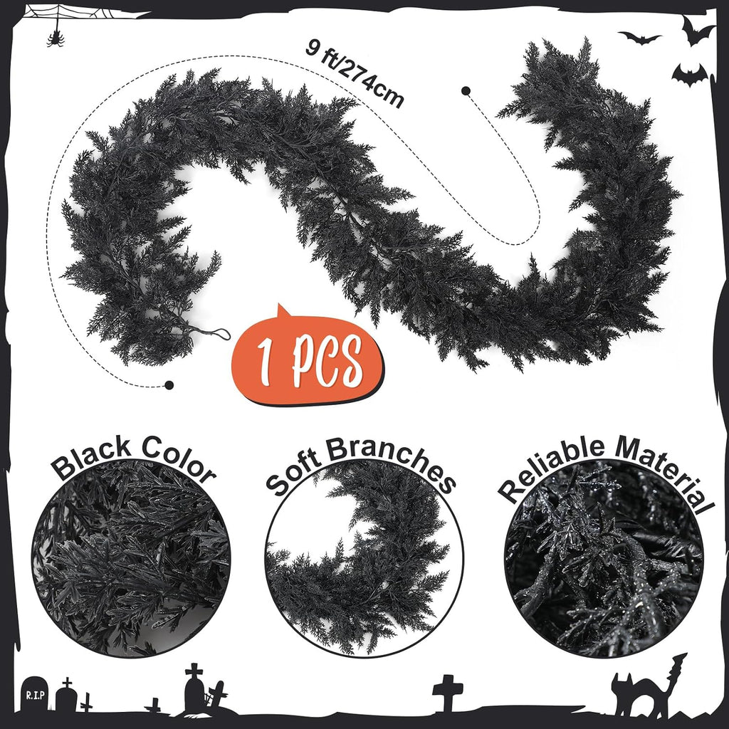 Dingion 1 Pack 9 ft Halloween Black Artificial Cedar Garland