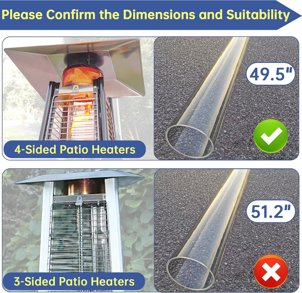 Patio Heater Glass Tube Replacement, 49.5" Tall 4" Diameter, Glass Tube Patio Heater with Ring, Fits 4-Sided Patio Heaters, Compatible with Hiland, Fire Sense, and more