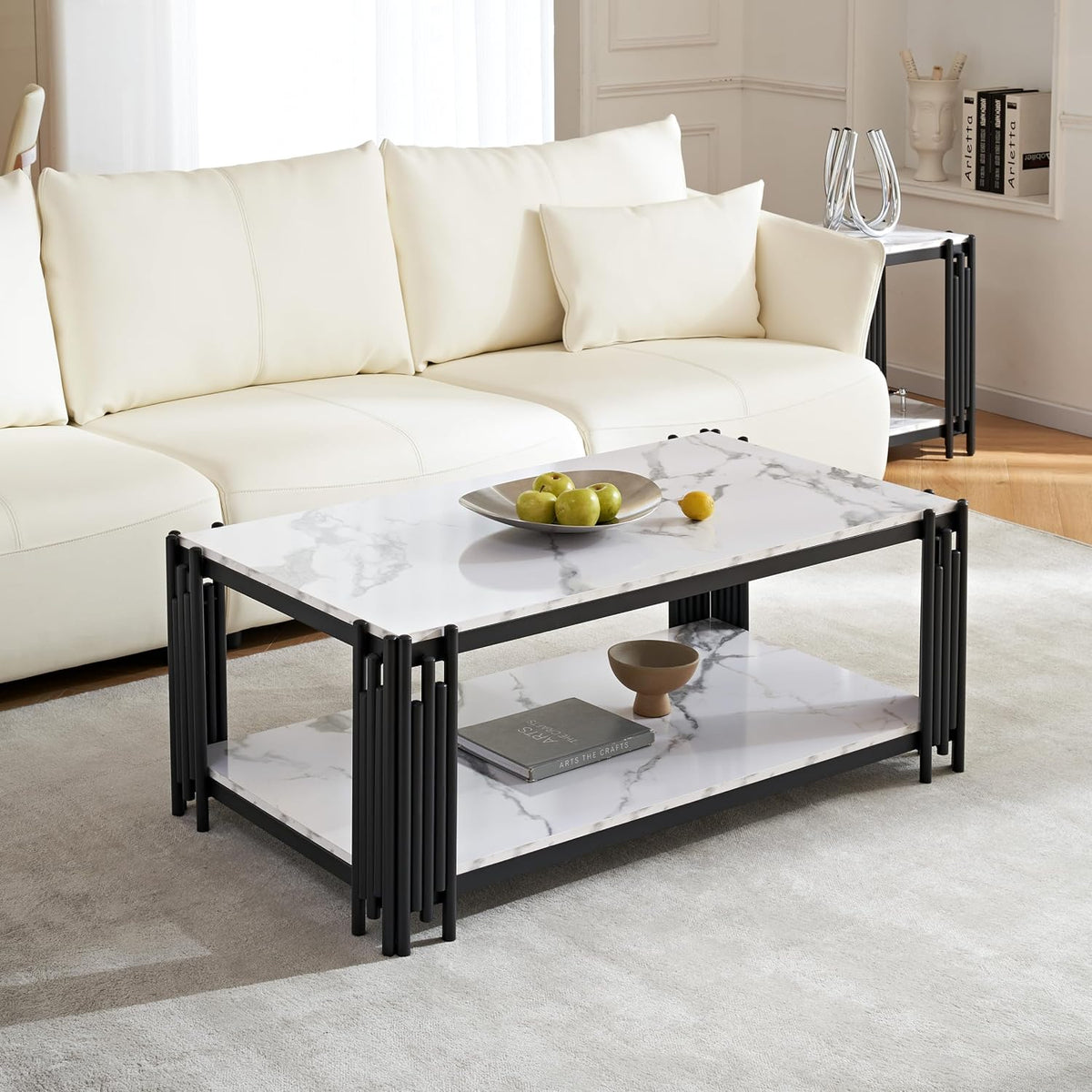 Elegant Marble Coffee Table Set of 4 White Faux Marble Coffee Table Console Table 2 End Table Set with Black Metal Frame 4 Piece Living Room Table Set for Apartment Home Office