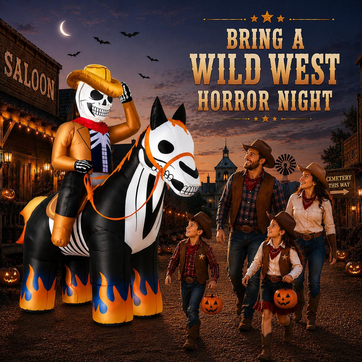 zukakii 7FT Halloween Inflatables Decorations Outdoor Skeleton Cowboy Riding Inflatable Horse Built-in Bright LEDs Flame-Hoofed Western Halloween Blow Up Yard Decoration Blowup for Lawn Party