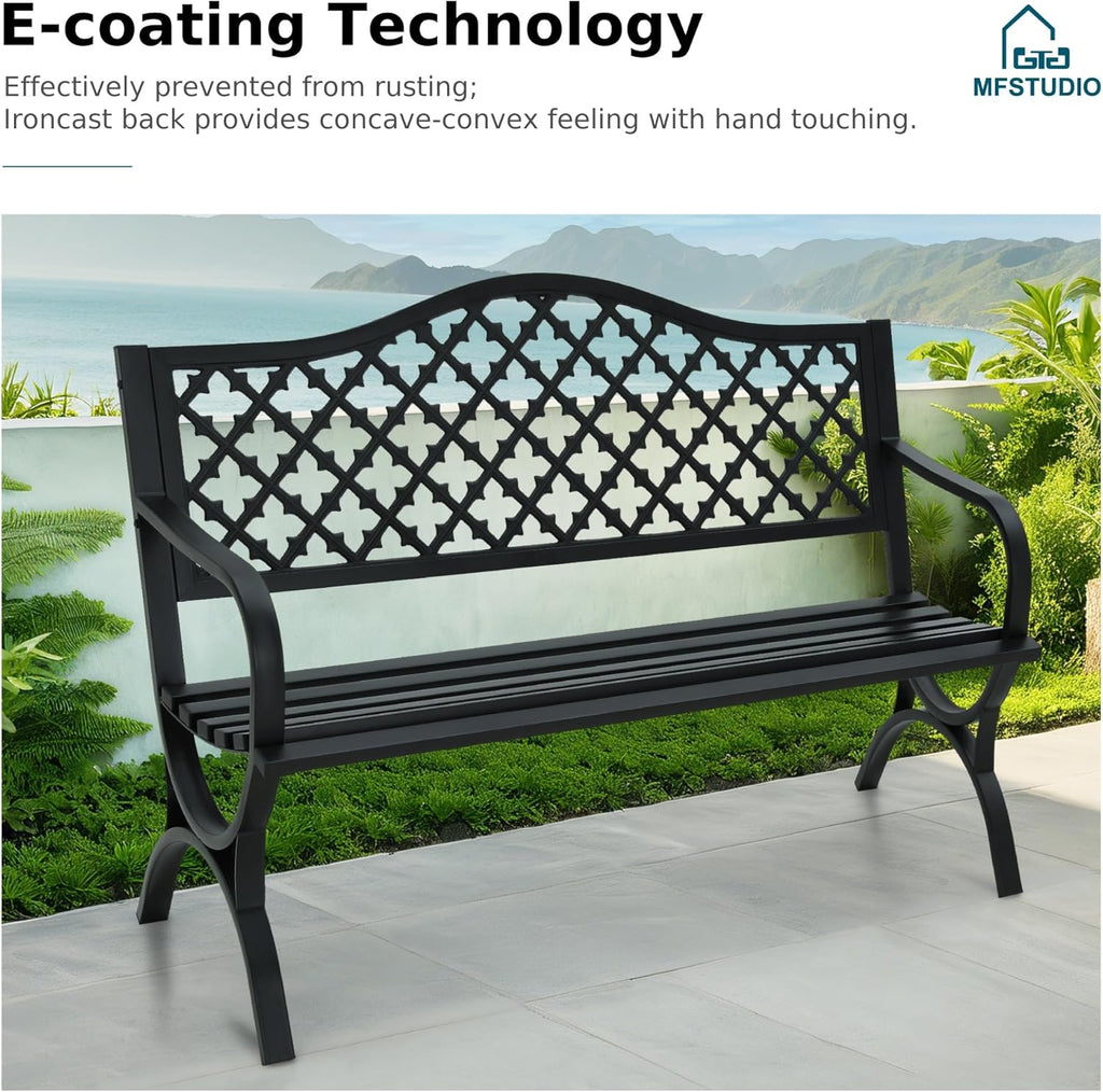 MFSTUDIO 50 Inches Outdoor Garden Bench Cast Iron Metal Frame, Clover Black
