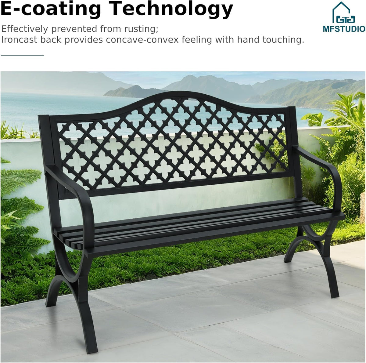 MFSTUDIO 50 Inches Outdoor Garden Bench Cast Iron Metal Frame, Clover Black