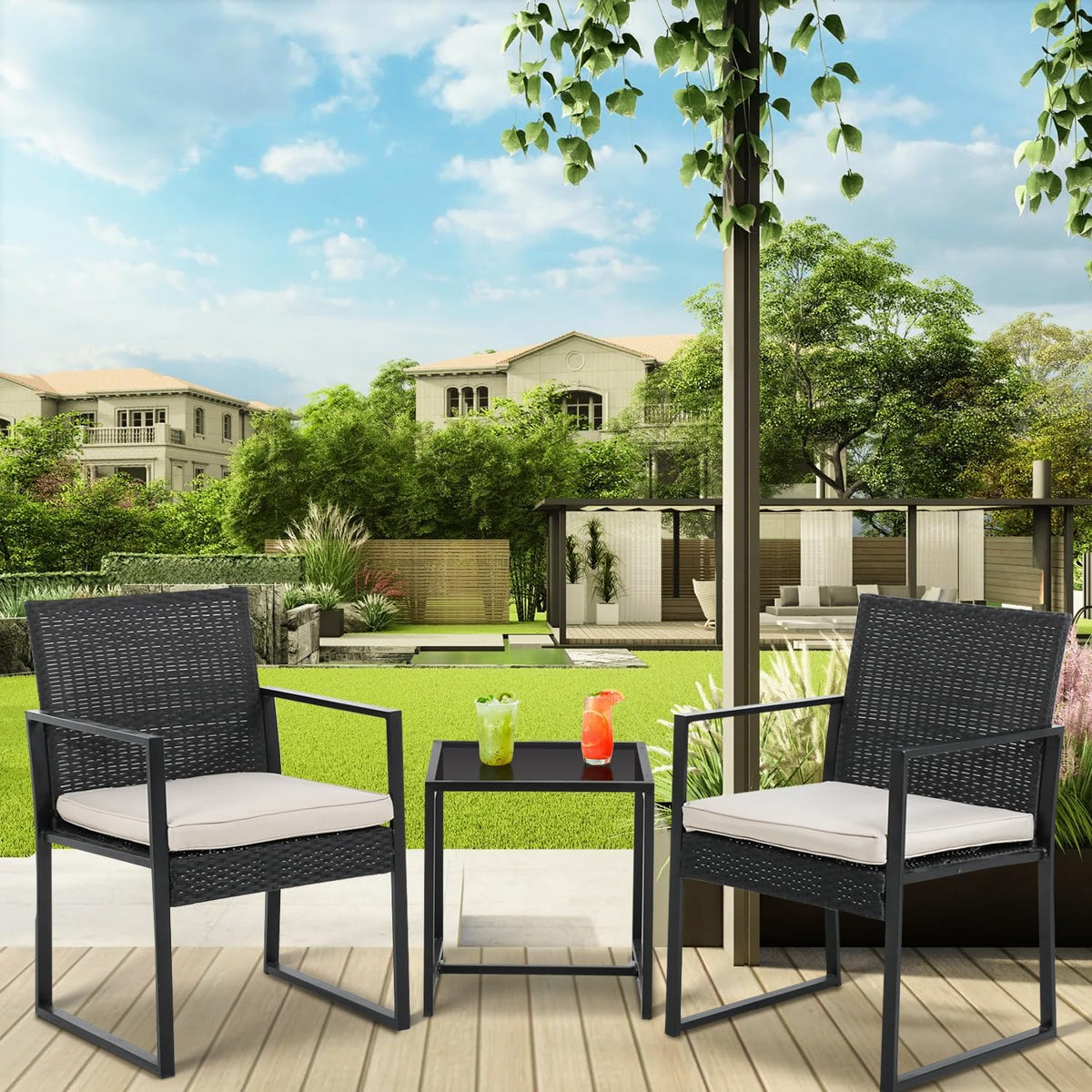 PayLessHere | 3-Piece Outdoor Patio Furniture Set | Khaki | Modern Rattan Bistro Set with Cushioned Chairs & Tempered Glass Coffee Table | Indoor & Outdoor Seating | for Balcony, Garden, Poolside
