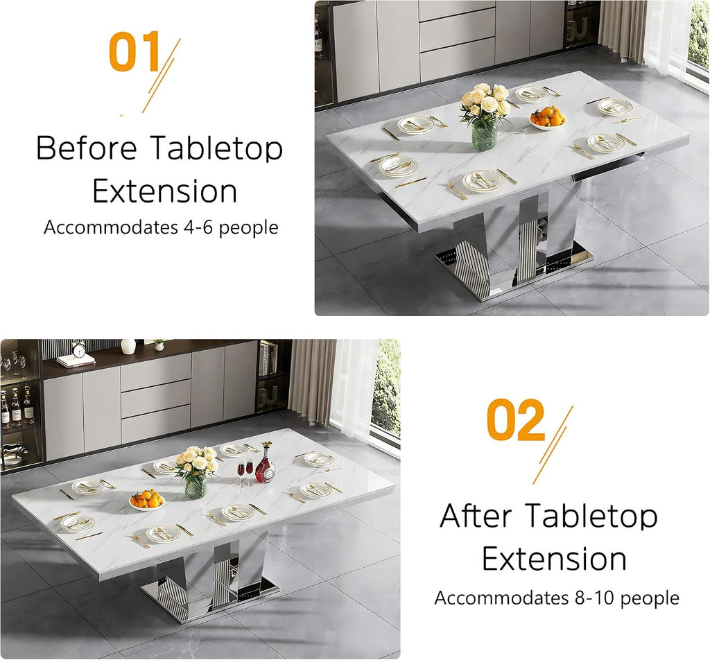 Modern Extendable Dining Table Set for 8, 94" Faux Marble Expandable Table with 8 Beige Velet Chairs & Silver Mirrored Base, 9 Piece Luxury Extendable Dining Room Table Set for Dinner Family Gathering