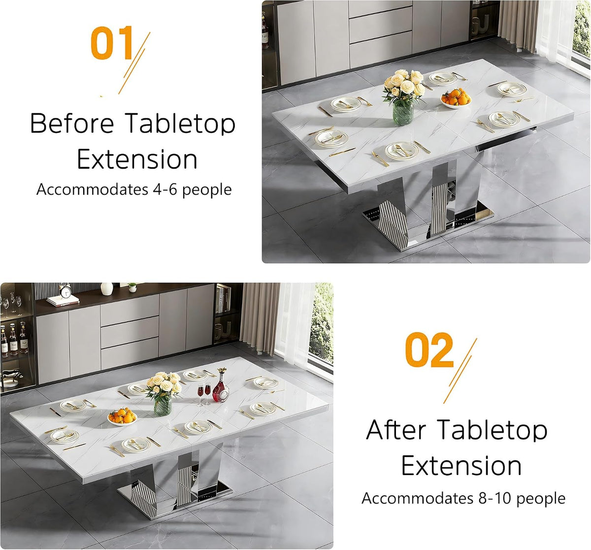 Modern Extendable Dining Table Set for 8, 94" Faux Marble Expandable Table with 8 Beige Velet Chairs & Silver Mirrored Base, 9 Piece Luxury Extendable Dining Room Table Set for Dinner Family Gathering