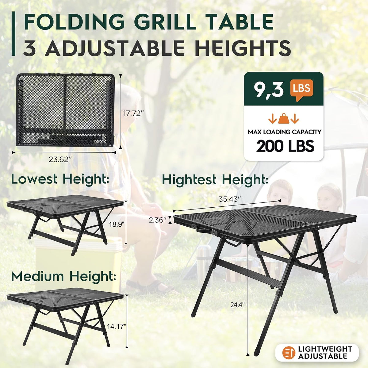 WildFinder Folding Grill Table, 3x2 FT Adjustable Height Camping Table