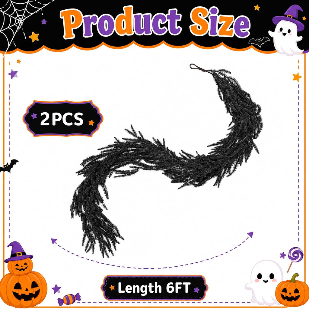 2 Pcs 6ft Black Halloween Norfolk Pine Garland,Vine Twig Mantle Decoration