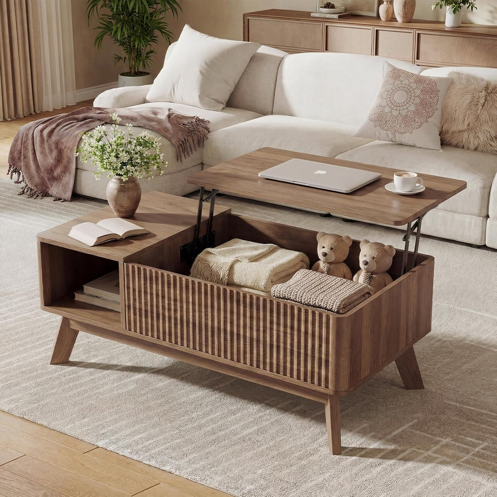 Lift Top Coffee Table, Fluted Hidden Storage Table for Living Room, Walnut