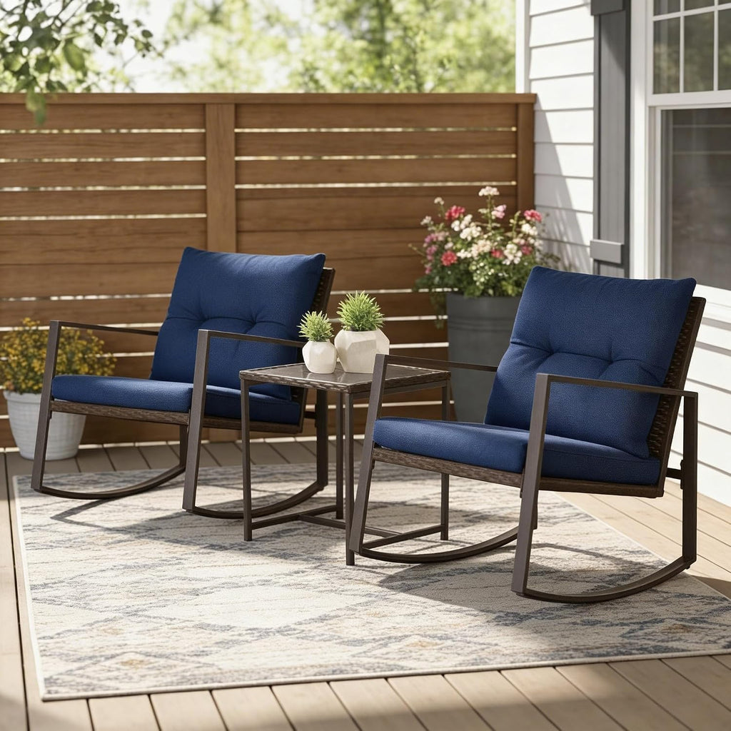 SUNCROWN 3 Piece Outdoor Rocking Bistro Set Brown Wicker Furniture Porch Chairs Conversation Sets with Glass Coffee Table, Dark Blue