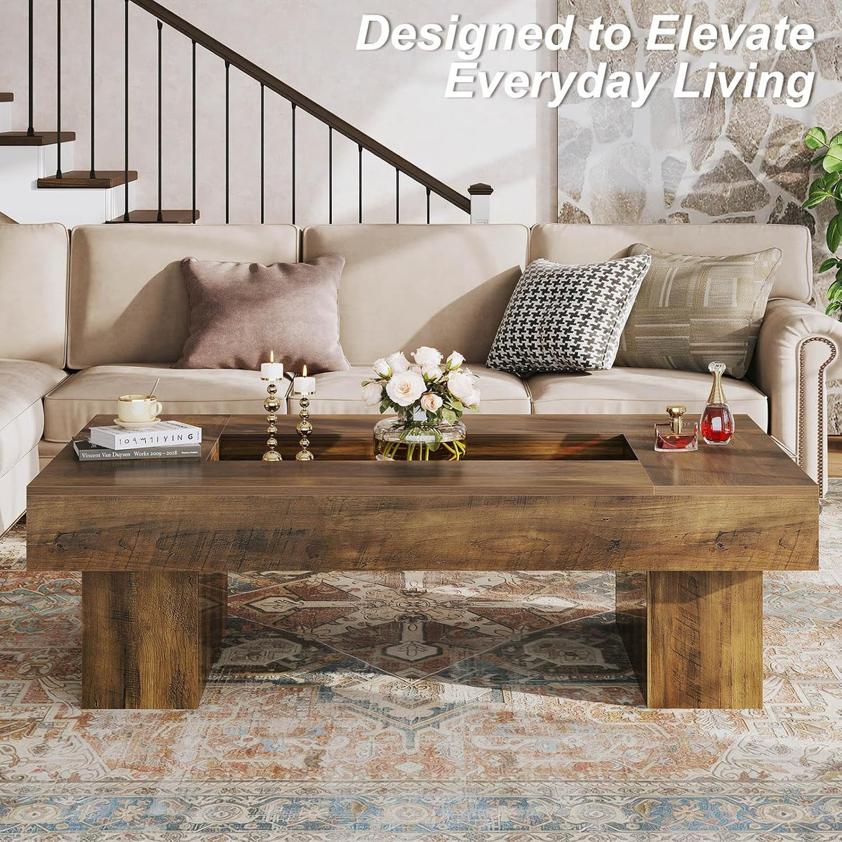 LVB 47"X31" Large Rectangle Wood Coffee Table with Storage Rustic Oak