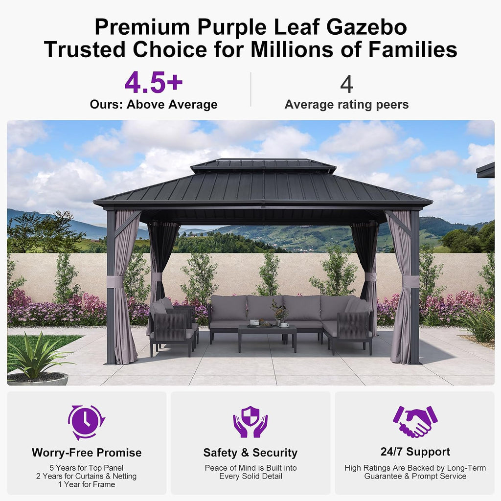 PURPLE LEAF Patio Hardtop Gazebo 10' x 14' Aluminum with Light, Grey