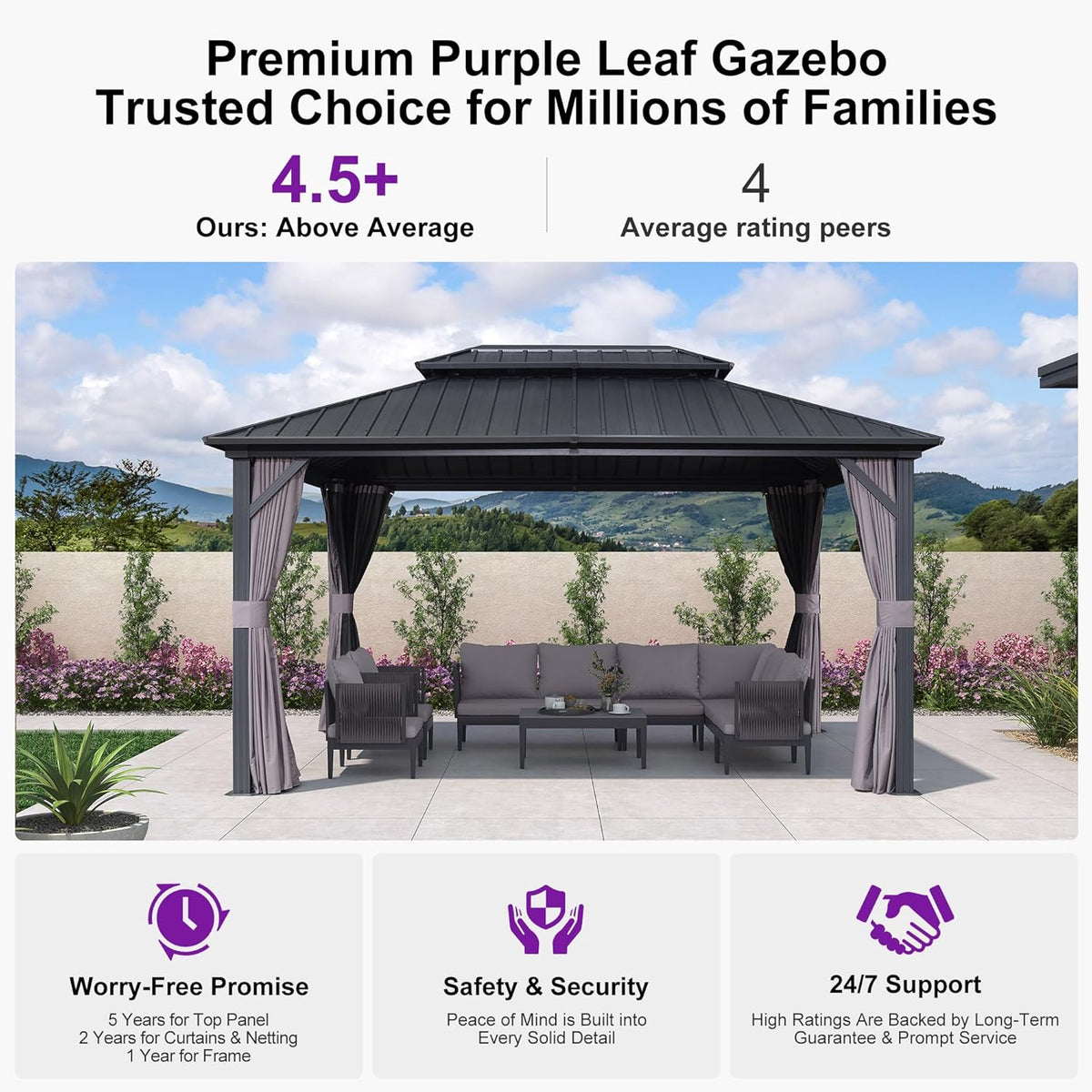 PURPLE LEAF Patio Hardtop Gazebo 10' x 14' Aluminum 3.9" Thick Posts, Grey