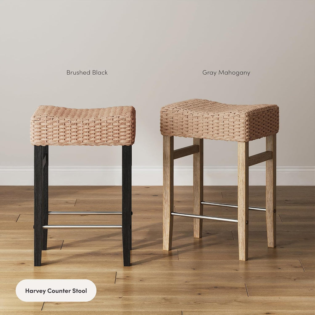 Nathan James Harvey Rattan Bar Stool, Bohemian Counter Height Stool with Woven Seagrass Seat, Solid Wood Legs, and Metal Footrest Seagrass/Brushed Gray