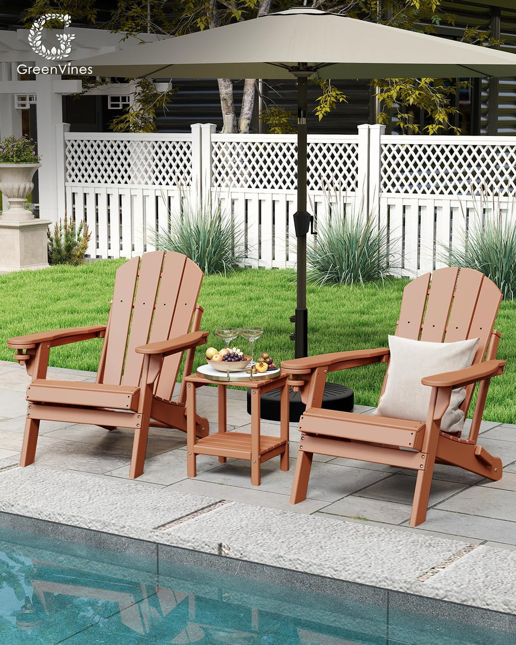 GREENVINES Folding-Adirondack-Chairs Set of 2, HDPE All Weather, Teak