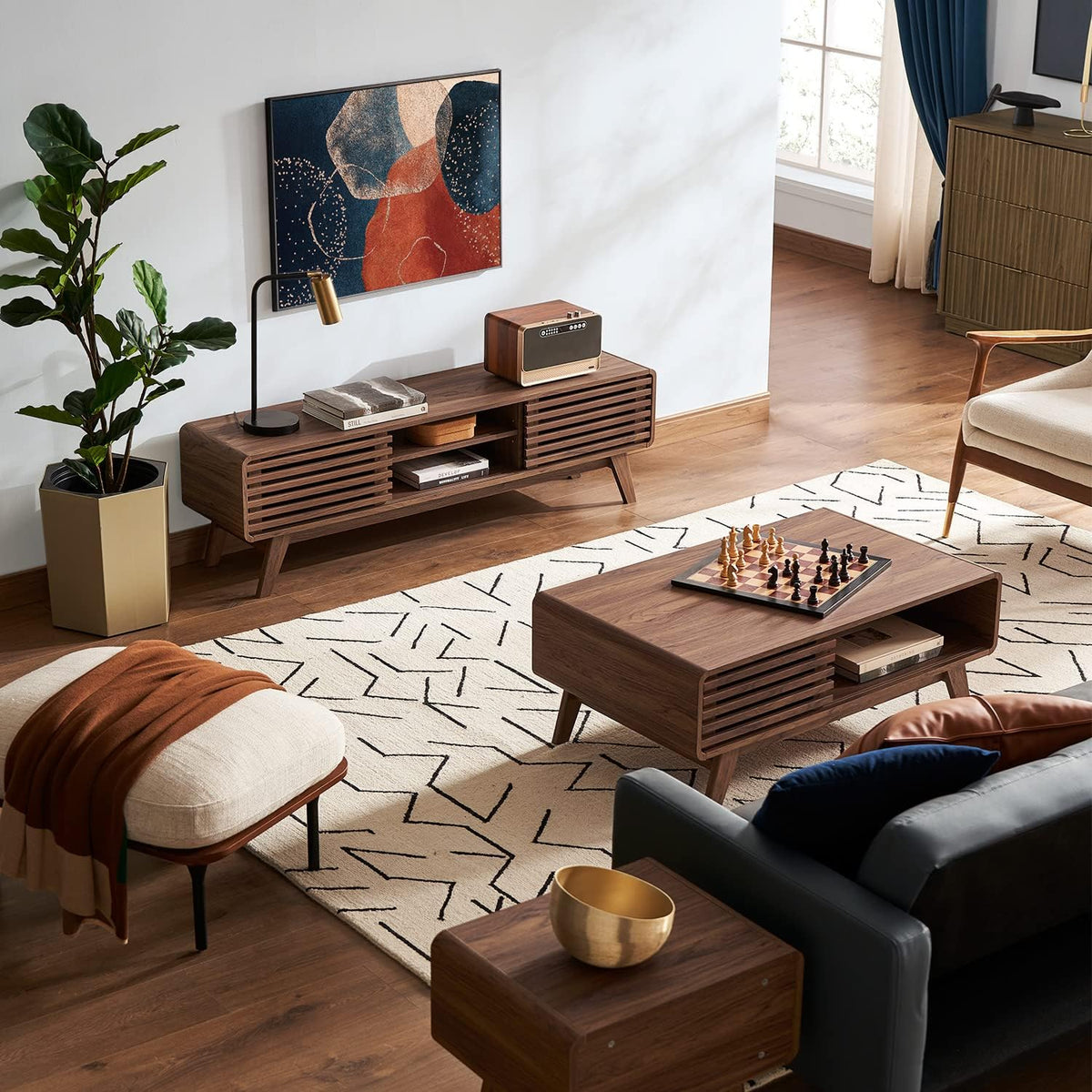 mopio Ensley Dual-Side Storage Coffee Table – Mid Century Modern Fluted Wood Table with 4 Compartments for Living Room Organization, Curved Safety Edges, Tapered Legs (Walnut, 39.2" W x 23.2" D)