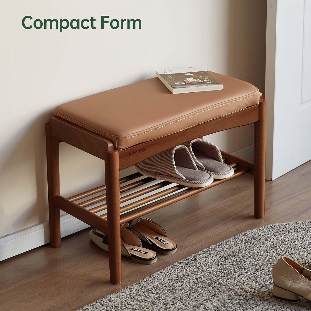 Solid Wood Shoe Bench, 24 Inch Entryway Bench with Brown Leather Cushion