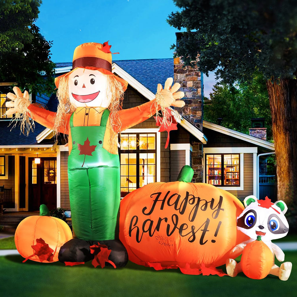 DomKom 6ft Tall LED Lighted Inflatable Scarecrow and Pumpkin – Halloween Thanksgiving Fall Yard Decoration with Built-in Lights – Outdoor Blow Up Decor for Lawn, Garden, Party