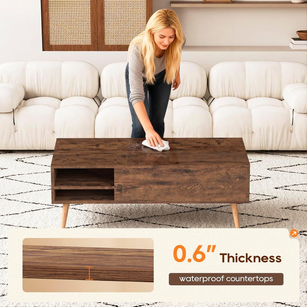 FDW Modern Lift Top Coffee Table Wooden Small Coffee Table with Storage Shelf Hidden Compartment for Living Room Home Office,Brown
