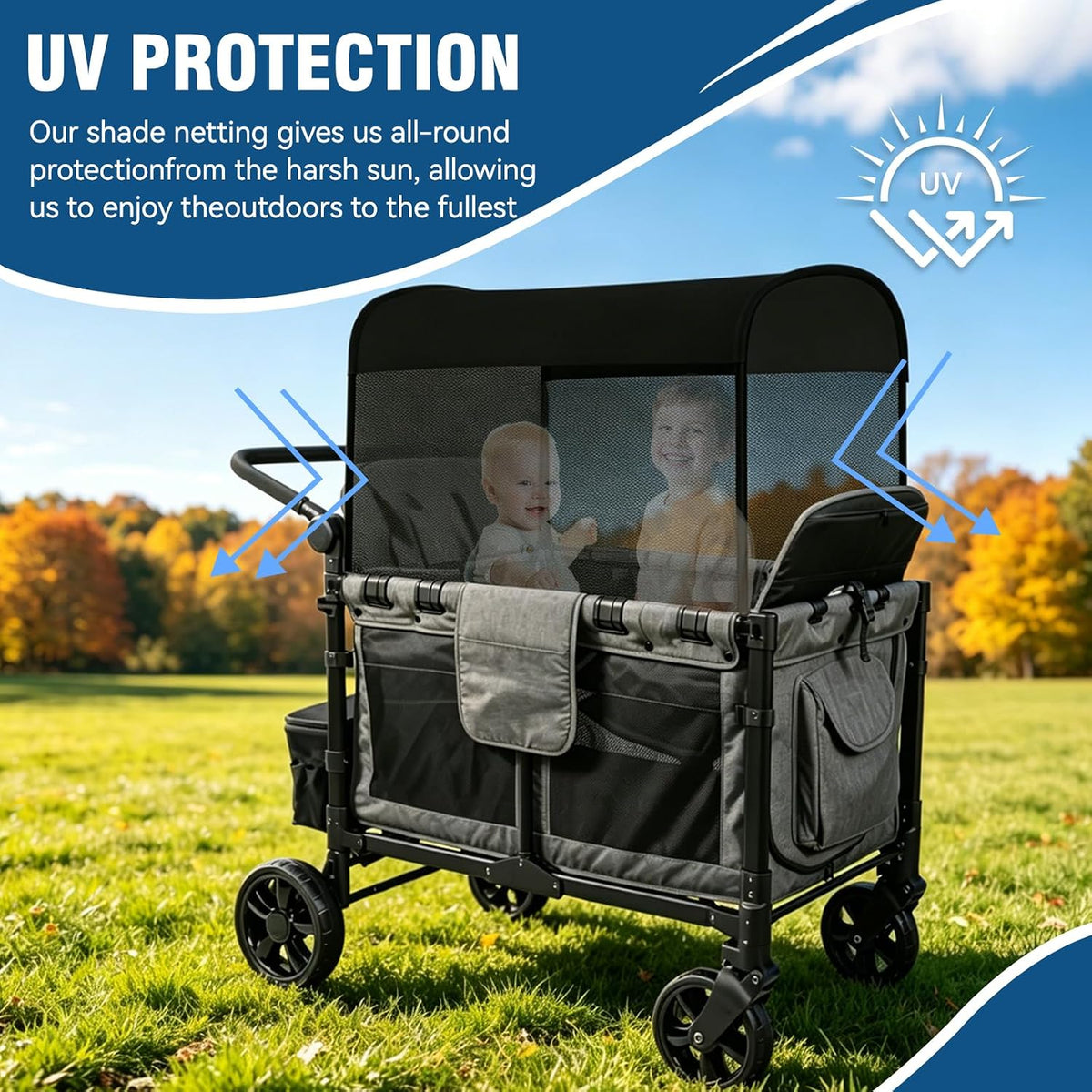 stretchy panoramic canopy compatible with wonderfold stroller wagons, close-up detail
