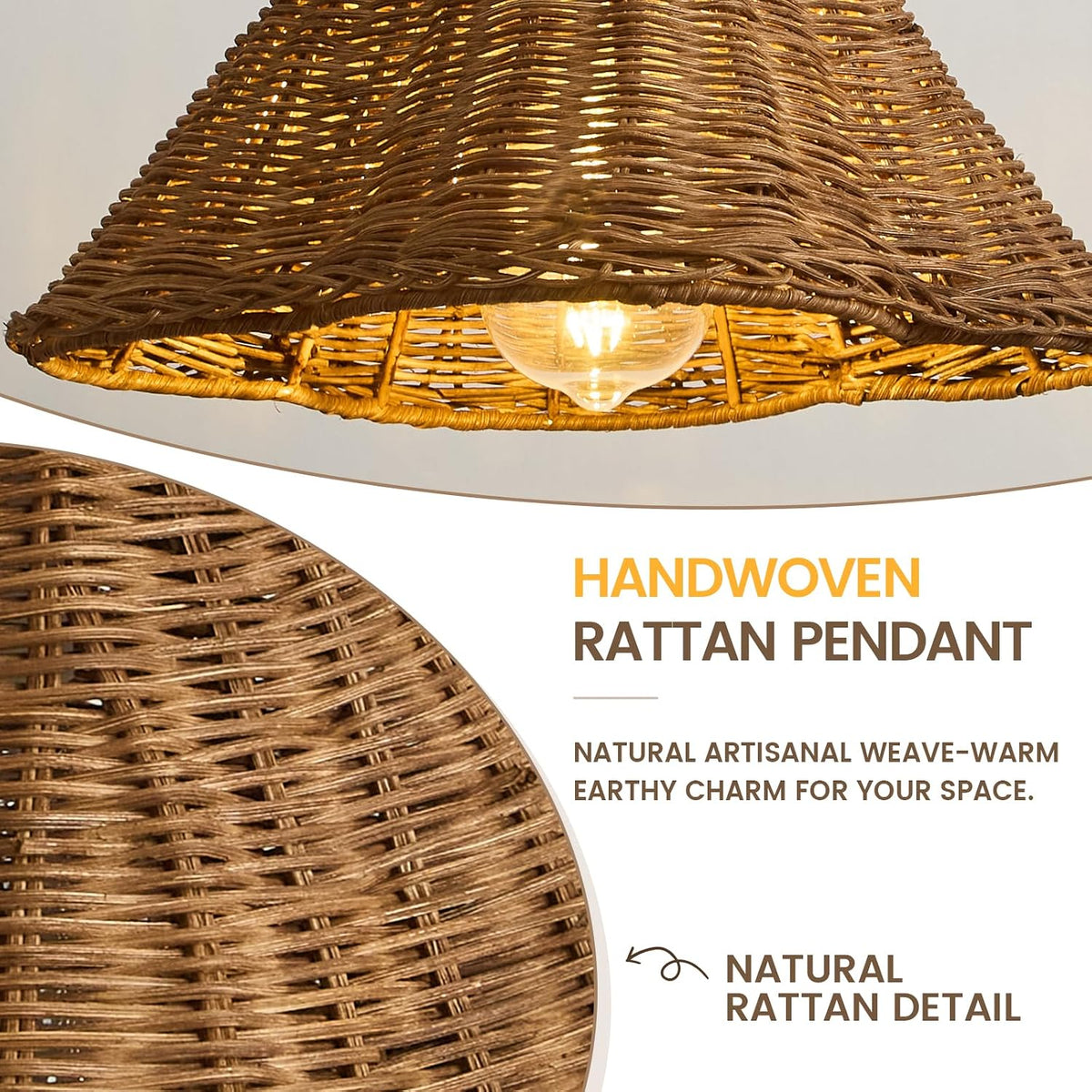 boho rattan pendant light, 11.8" hand woven hanging showing dimensions