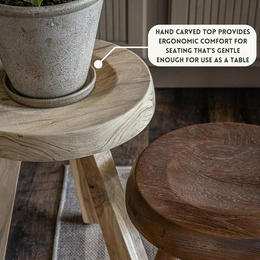 Berger Teak Milking Stool - Versatile Sitting Stool, Small Side Table, Outdoor Plant Stand, Nightstand, Footstool - Teak Oil