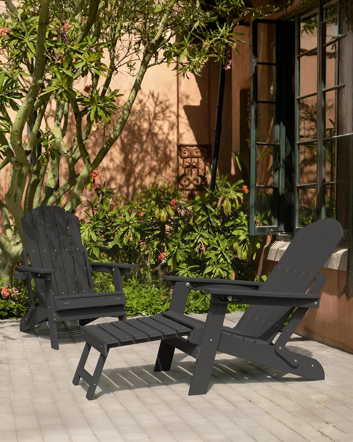 YEFU Adjustable Adirondack Chair with Footrest,All-Weather, Set of 2,Black