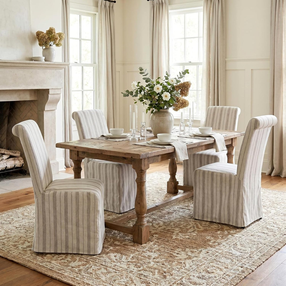 chairus Slipcovered Parsons Dining Chairs Set of 6, Upholstered Dining Room Chairs with Removable Linen Cover & High Back, Modern Farmhouse Wooden Side Kitchen Chairs, Khaki Stripe