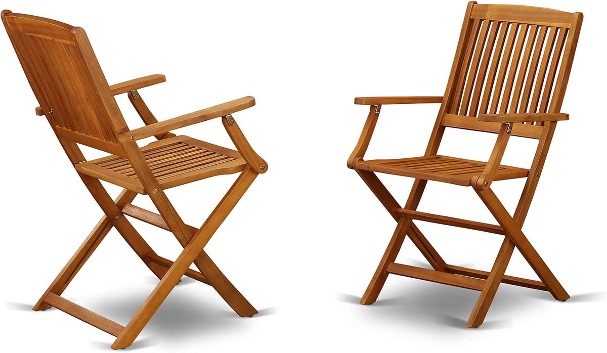 East West Furniture MNCM3CANA 3 Piece Folding Patio Bistro Sets Outdoor Set Contains a Round Acacia Wood Coffee Table and 2 Folding Arm Chairs, 30x30 Inch, Natural Oil